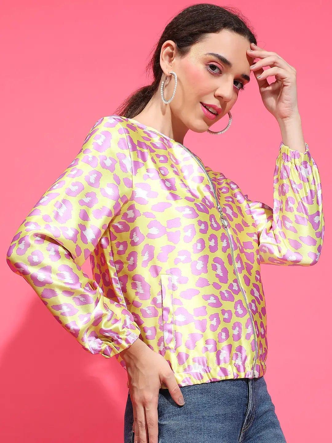 Yellow Animal Print Round Neck Long Sleeve Winter Wear Bomber Jacket - Image 4