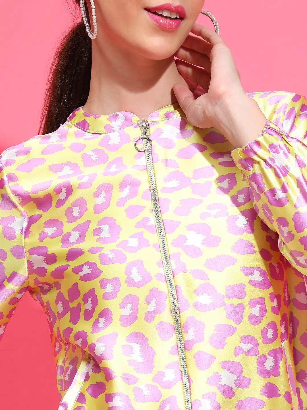 Yellow Animal Print Round Neck Long Sleeve Winter Wear Bomber Jacket - Image 6