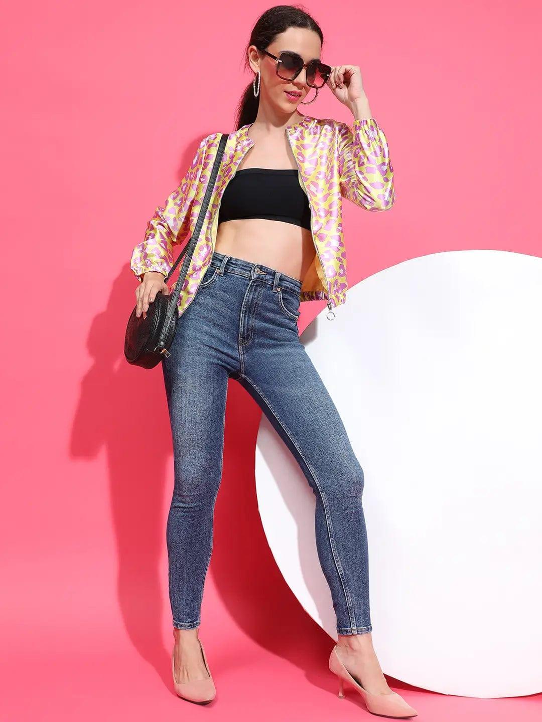 Yellow Animal Print Round Neck Long Sleeve Winter Wear Bomber Jacket - Image 7
