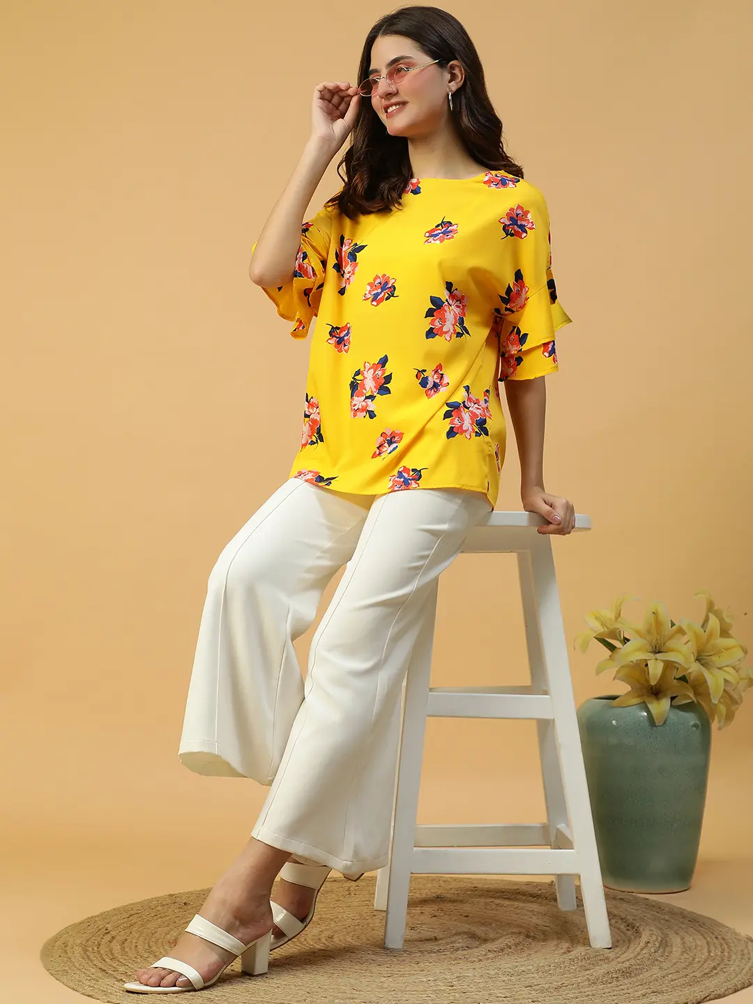 Yellow Floral Short Sleeve Women's Top - Image 6