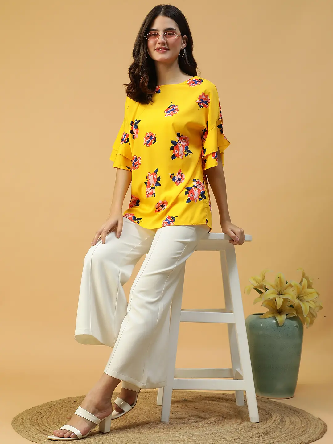 Yellow Floral Short Sleeve Women's Top - Image 8