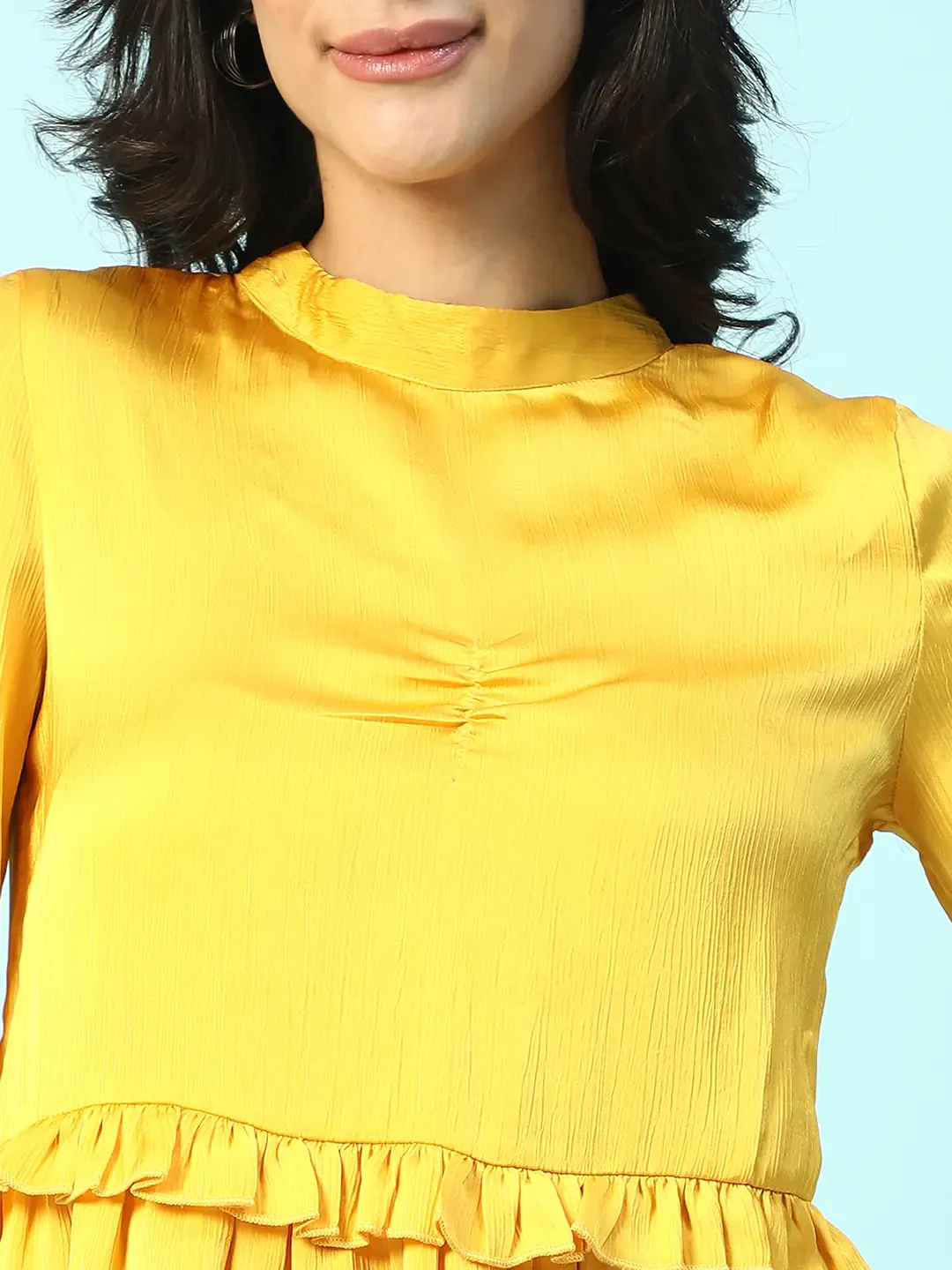 Yellow Long Sleeve Ruffle Detail Women Dress - Image 2