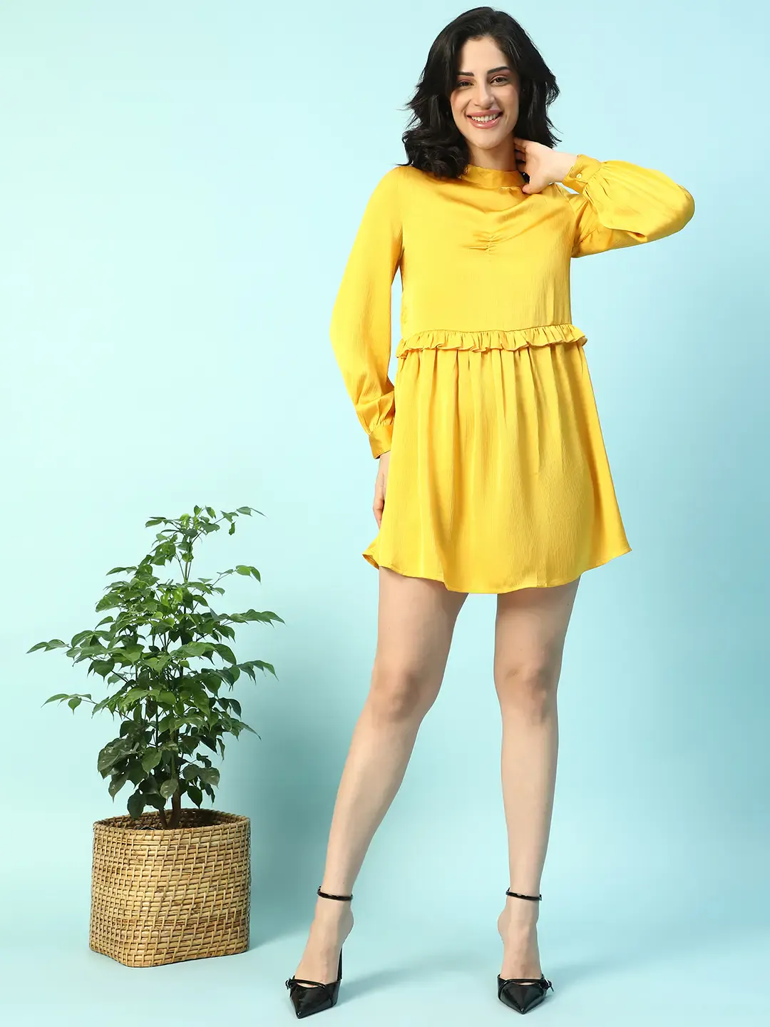 Yellow Long Sleeve Ruffle Detail Women Dress - Image 3