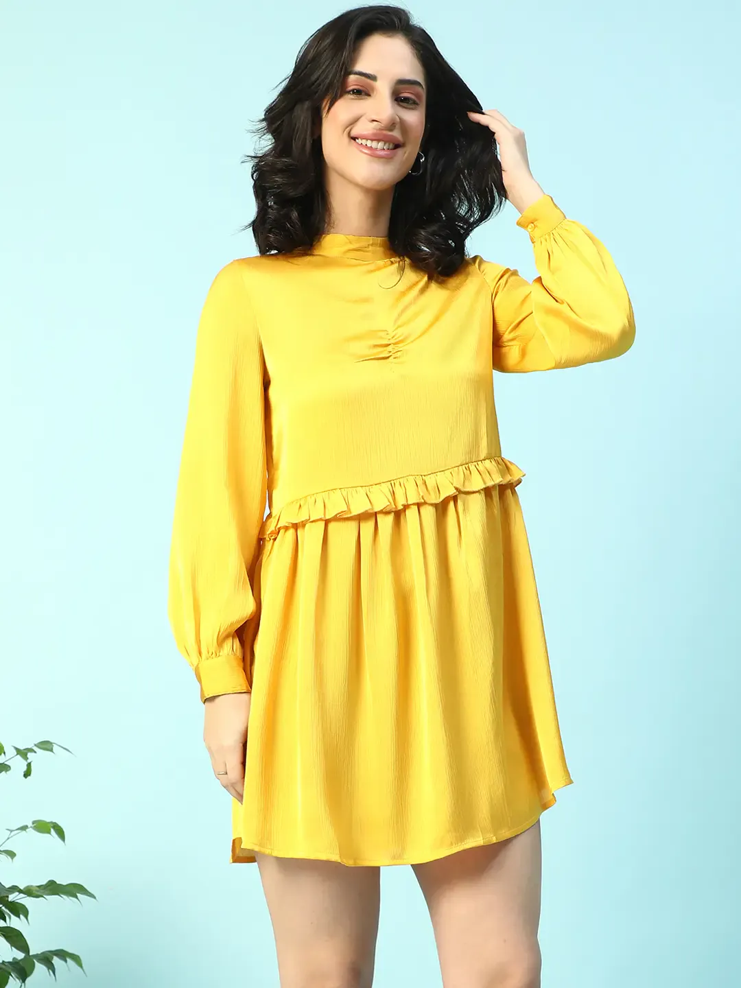 Yellow Long Sleeve Ruffle Detail Women Dress - Image 5