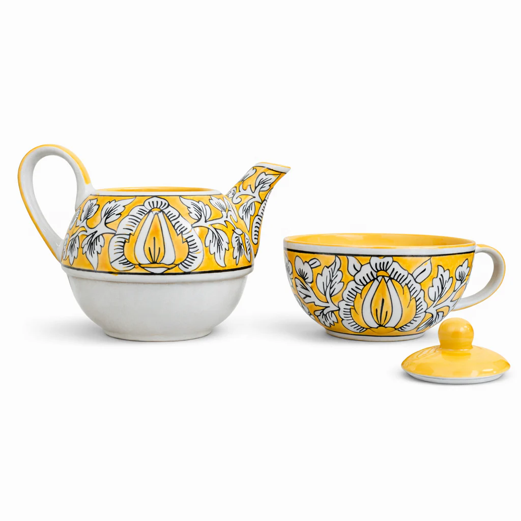 Yellow Mughal Handpainted Kettle Cup Set - Image 4