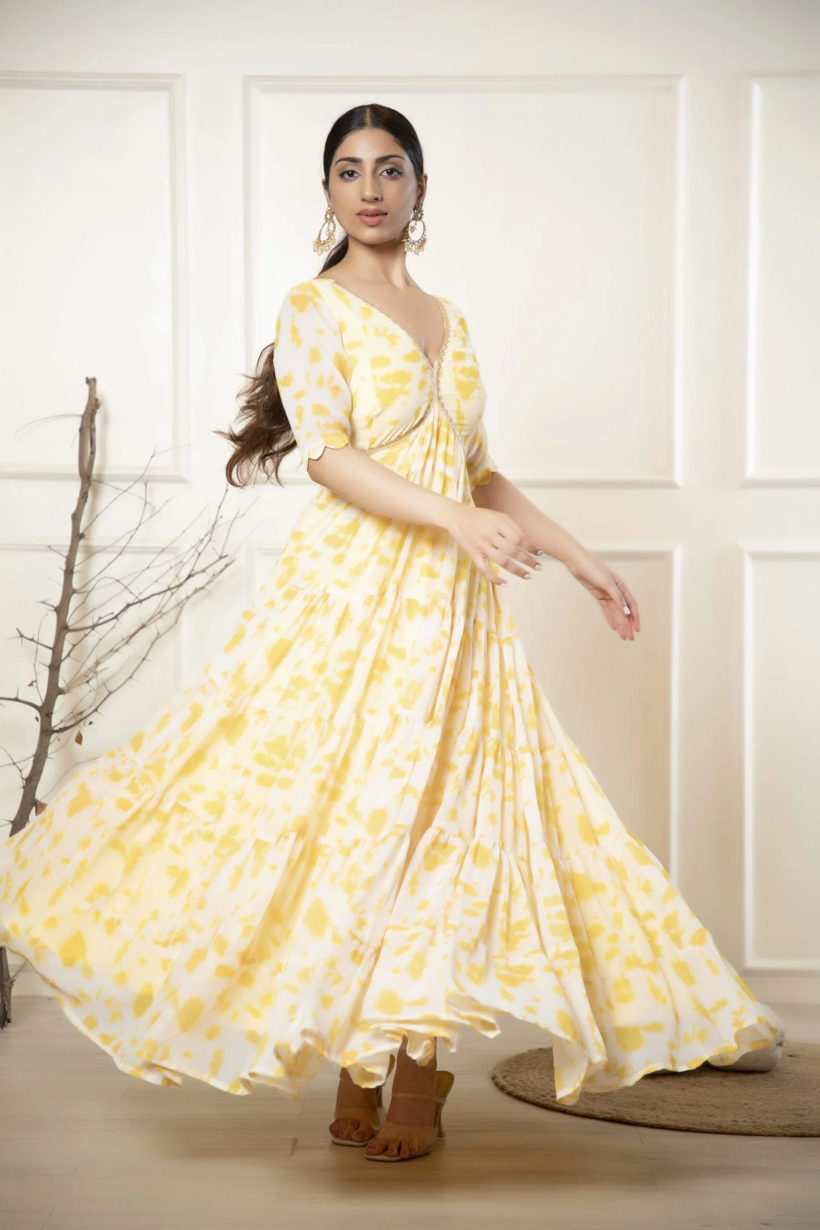 Yellow Printed Ethnic Dress with Dupatta - Image 3