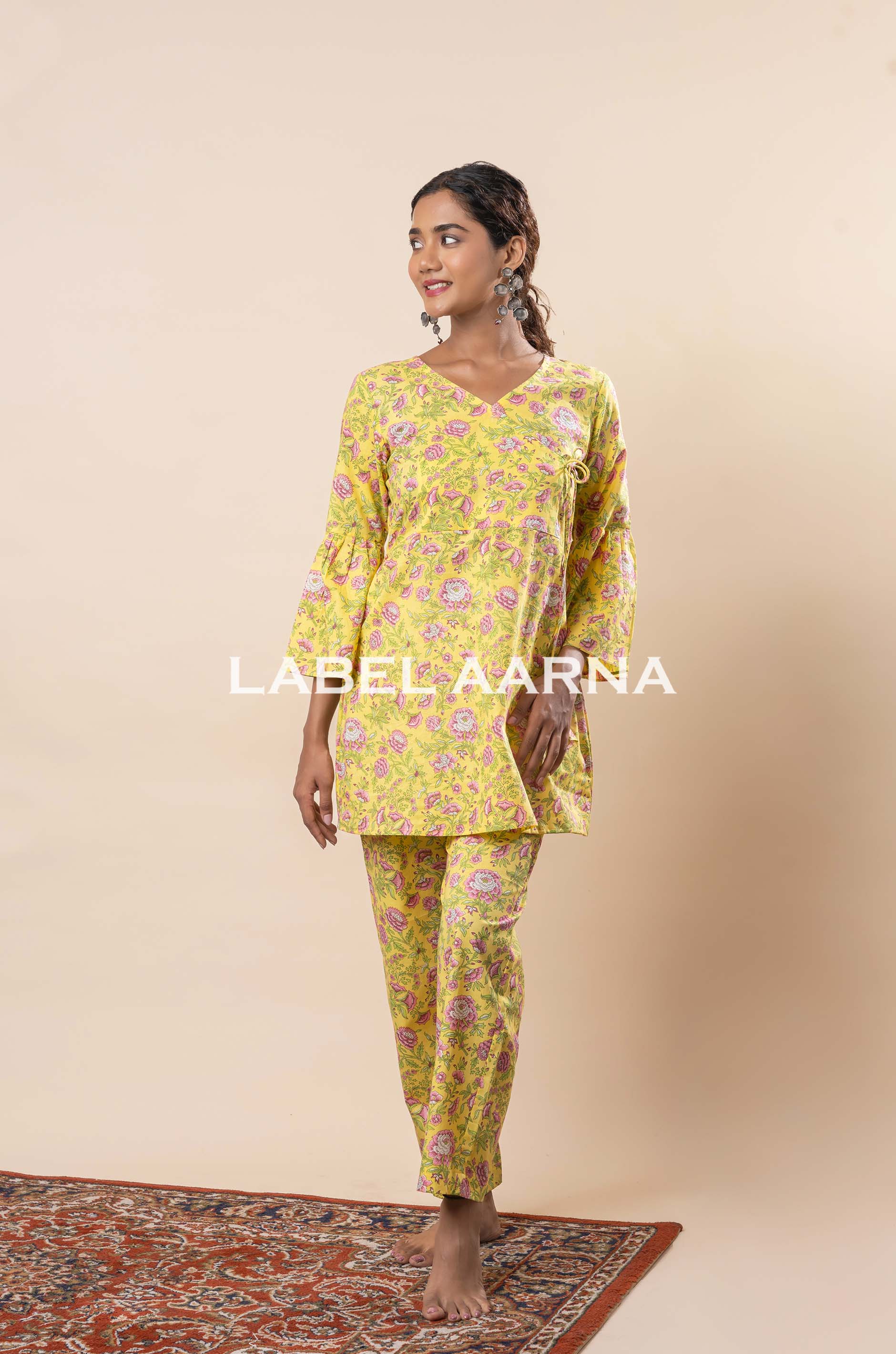 Yellow Pure Cotton Printed Angrakha Co-Ord Set