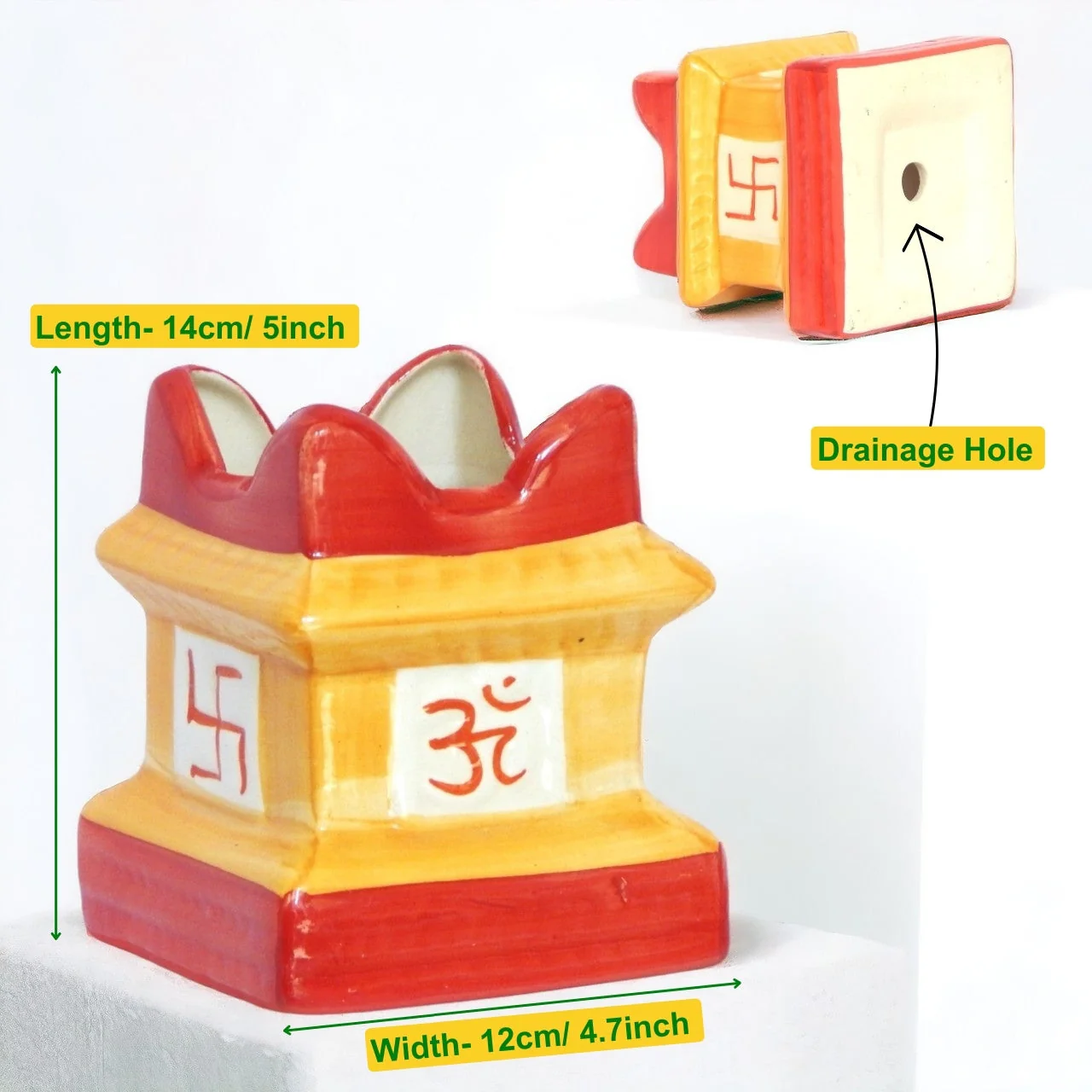 Yellow & Red Temple-Style Ceramic Tulsi Planter – Handcrafted Hindu Sacred Pot - Image 4