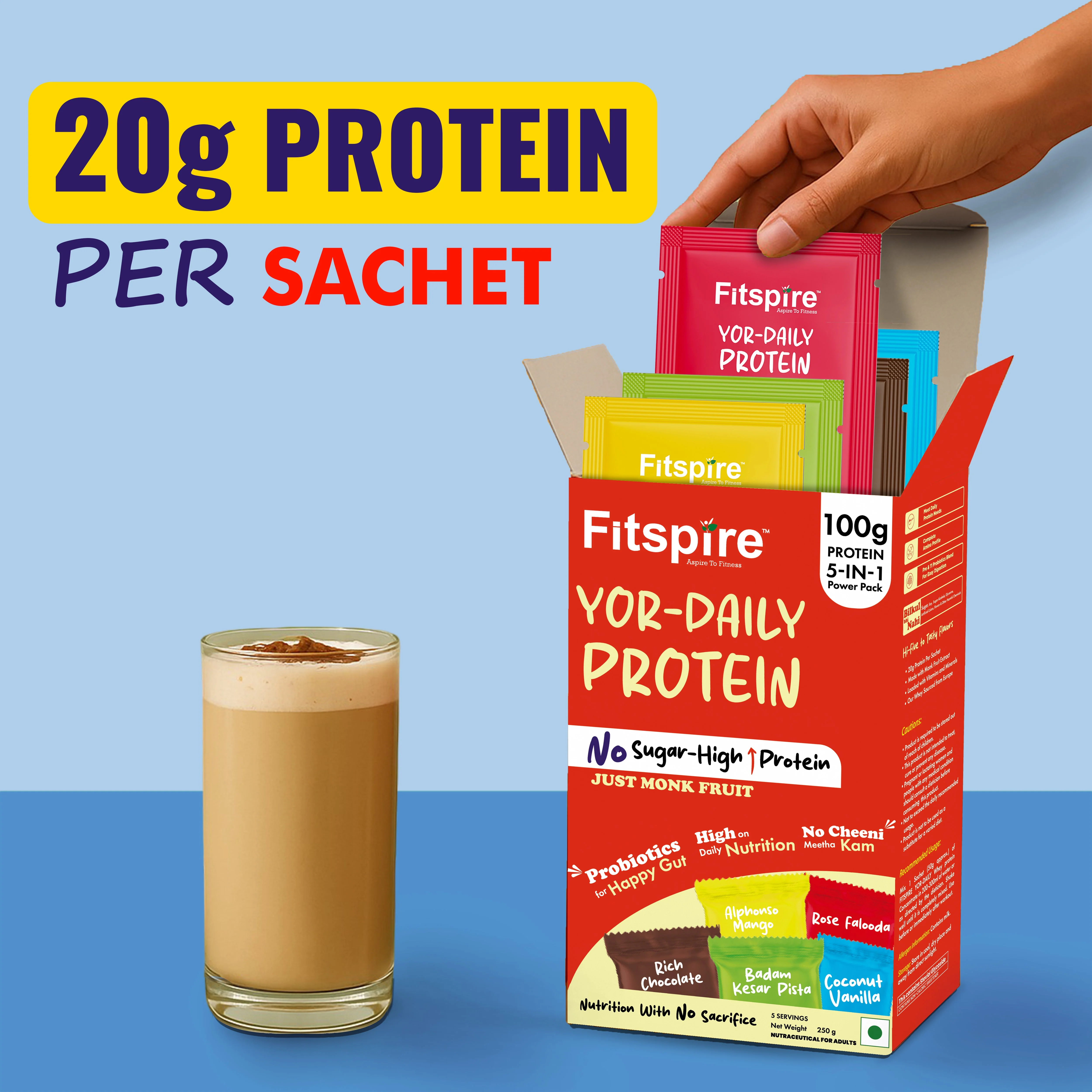 Yor Daily Whey Protein, No Sugar, Assorted Flavors, 250g - Pack of 5 Sachets + Shaker Combo - Image 3