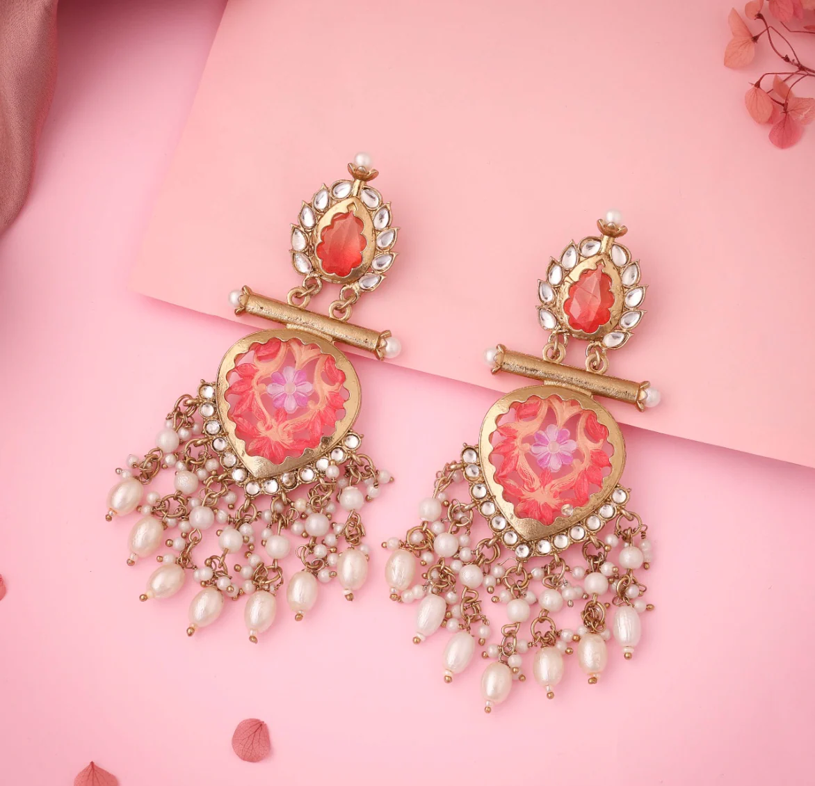 Zalima - Kundan-Studded Long Dangle Earring - Pink - Image 2