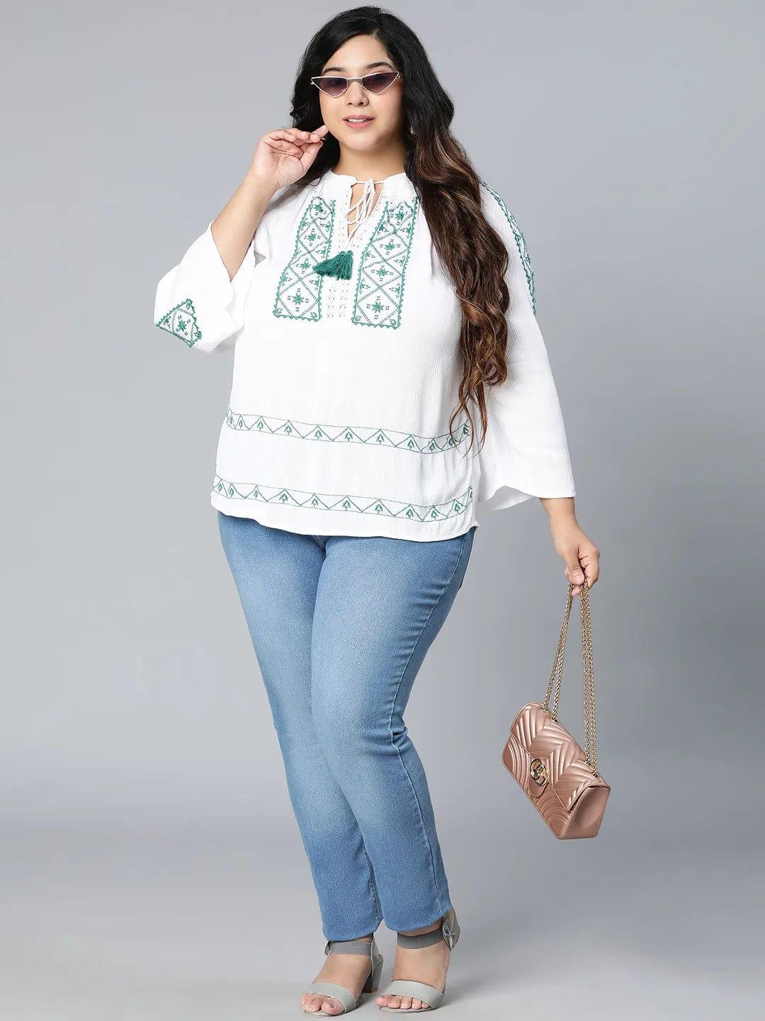 Zazzed White Embroidered Plus Size Women Top - Image 7