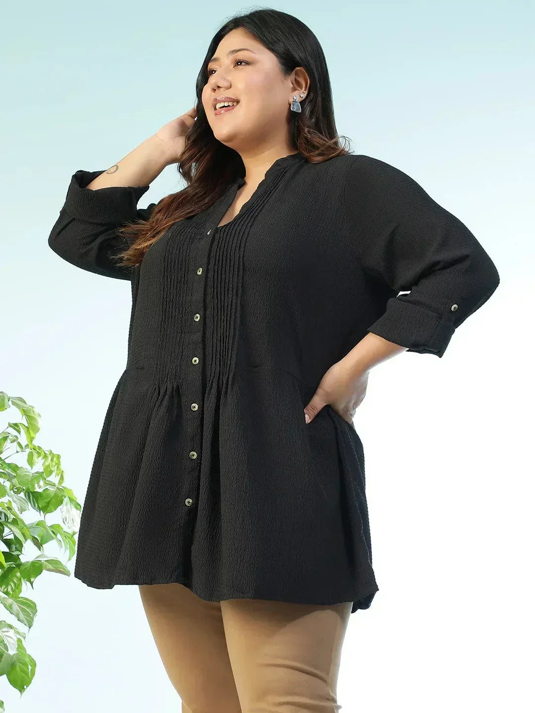 Zentail Solid Black Long Sleeve Pleates Detail Button Down Plus Size Women Dobby Tunic - Image 3
