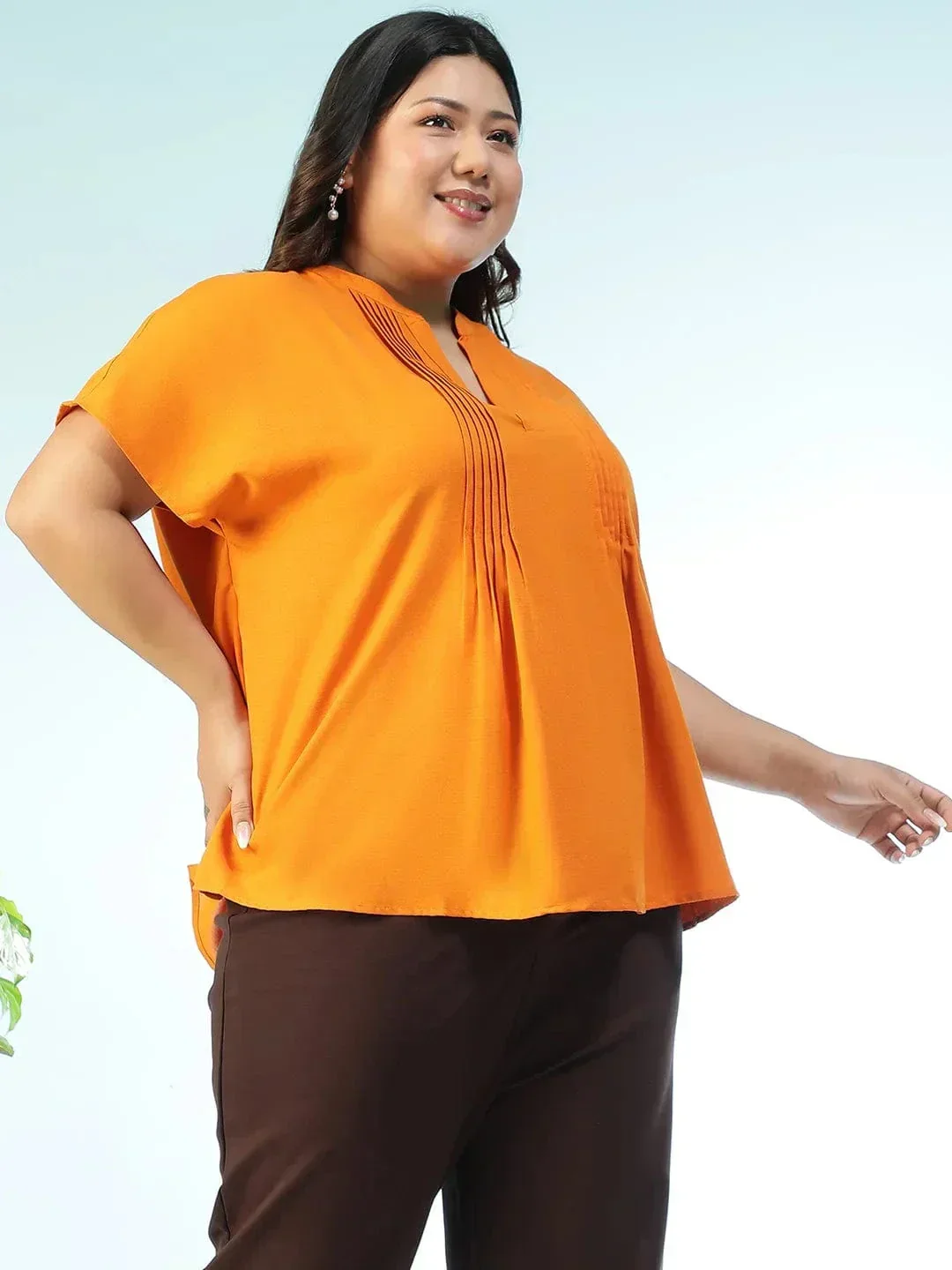 Zenvibe Solid Mustard Pleated Flutter Short Sleeve Plus Size Women Top - Image 4