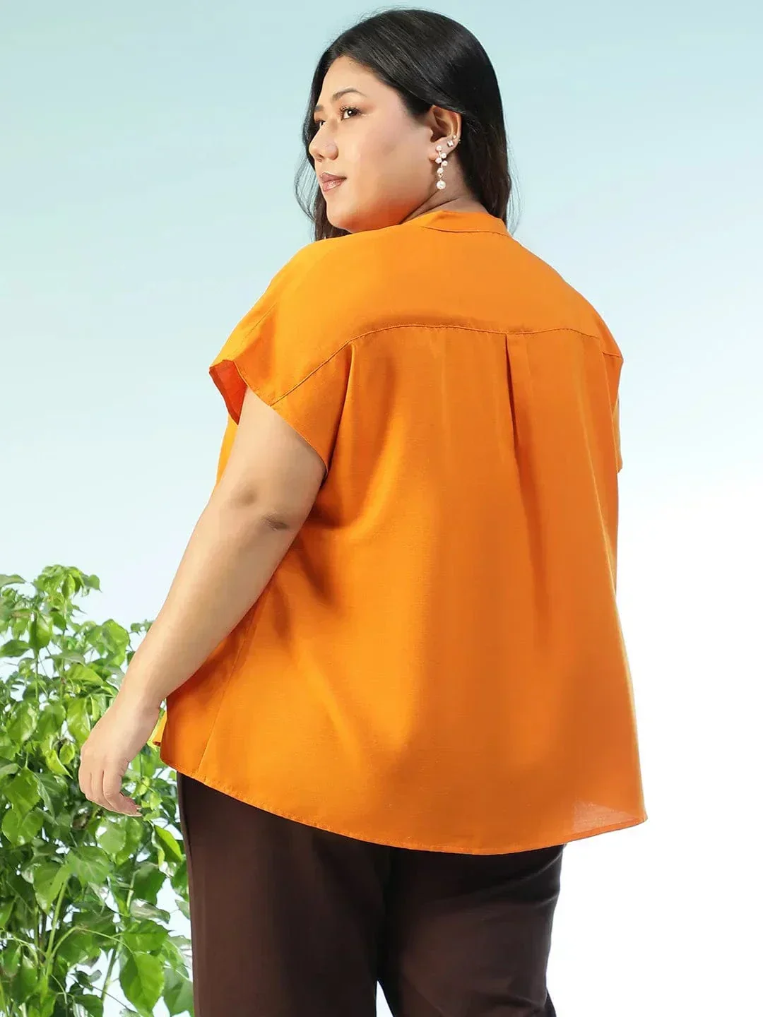 Zenvibe Solid Mustard Pleated Flutter Short Sleeve Plus Size Women Top - Image 5